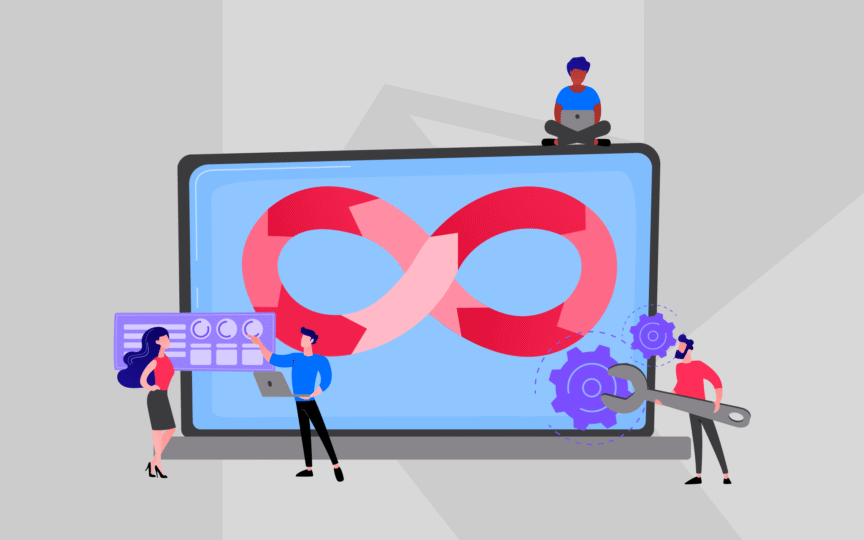 A team working around a large screen displaying an infinity loop, symbolising continuous brand transformation and improvement.