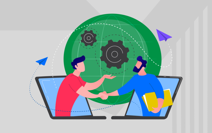 Two people shaking hands across laptops with a globe behind them.