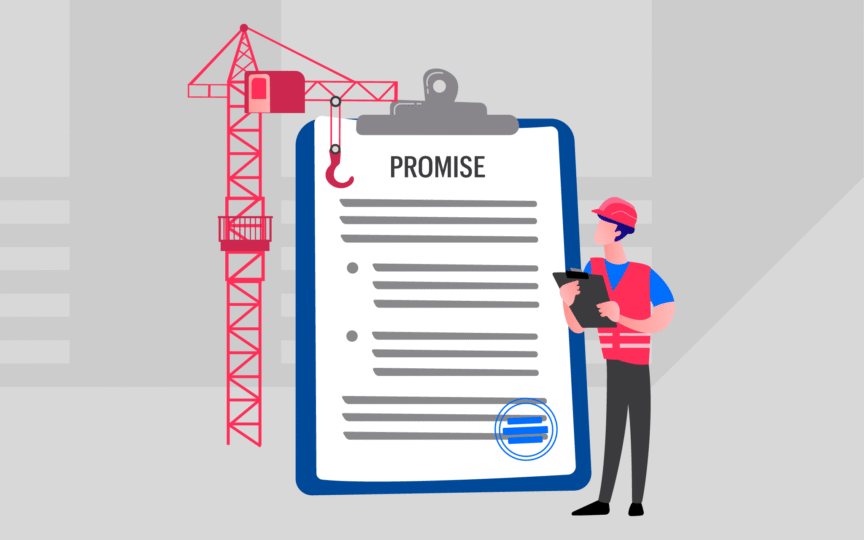 Illustration of a construction crane and a worker examining a large clipboard labelled “Promise,” symbolising rebuilding or redefining a brand promise.