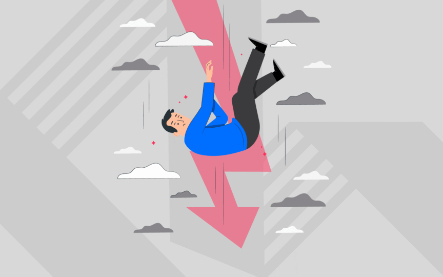 Illustration of man falling from sky with red downward arrow behind.