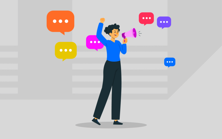 Illustration of woman speaking into megaphone to find their voice.