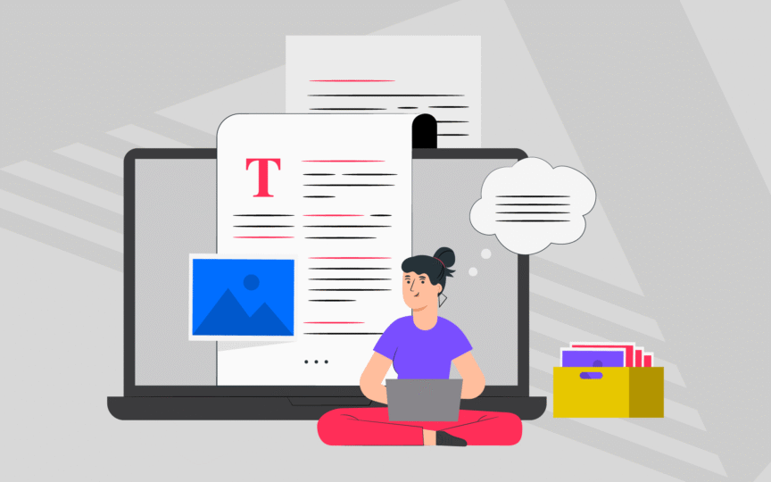 Illustration of woman writing new digital content, while thinking about brand voice.