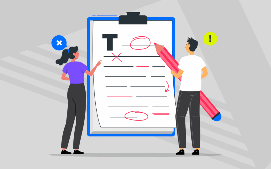 Illustration of man and woman marking up text to fit brand voice