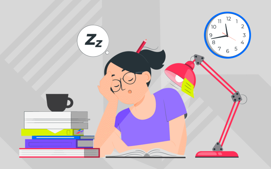 Illustration of woman falling asleep at table with stacks of paper and desk lamp.