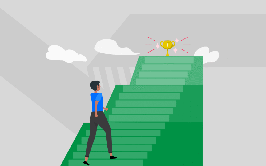 Person climbing a long green staircase toward a glowing gold trophy, symbolizing achievement and progress.