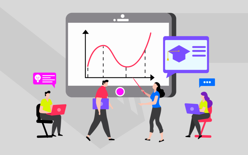 Illustration of people with a large screen showing a graph, surrounded by students using laptops with icons for ideas and education.