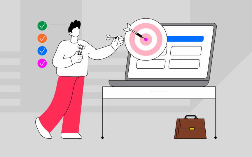Illustration of person getting bullseye on laptop screen.