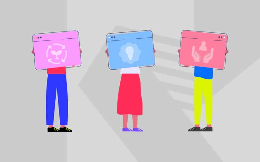 Three people holding signs with examples of brand alignments and values.