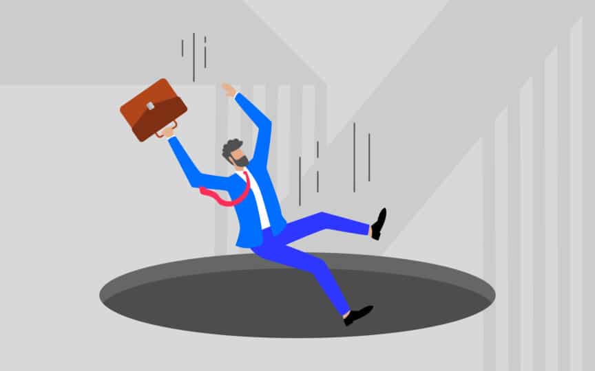 Person in suit with briefcase falling into bottomless pit.