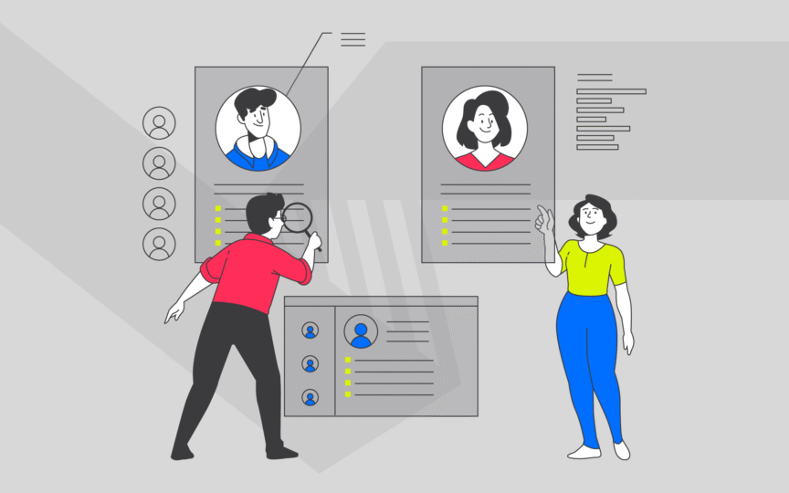 Illustration of a man and a woman looking through profiles