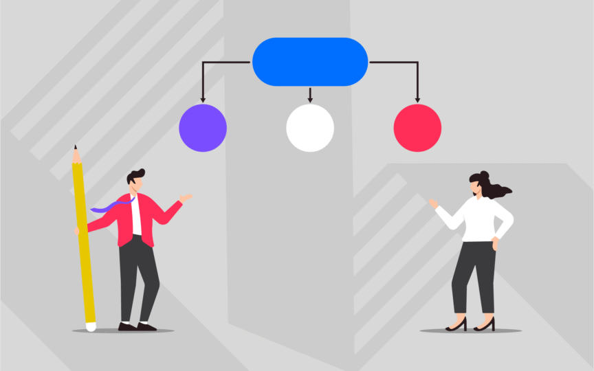 Diagram illustrating brand architecture models, showing a parent brand connected to multiple sub-brands, with two people discussing the structure to represent strategic brand portfolio decisions.