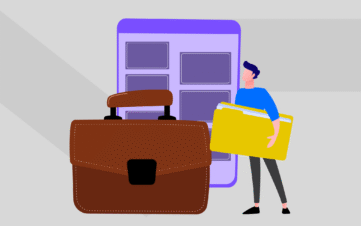 Illustration of a person holding folders beside a briefcase and modular panels, representing managing daughter brands and sub-brands within a brand portfolio.