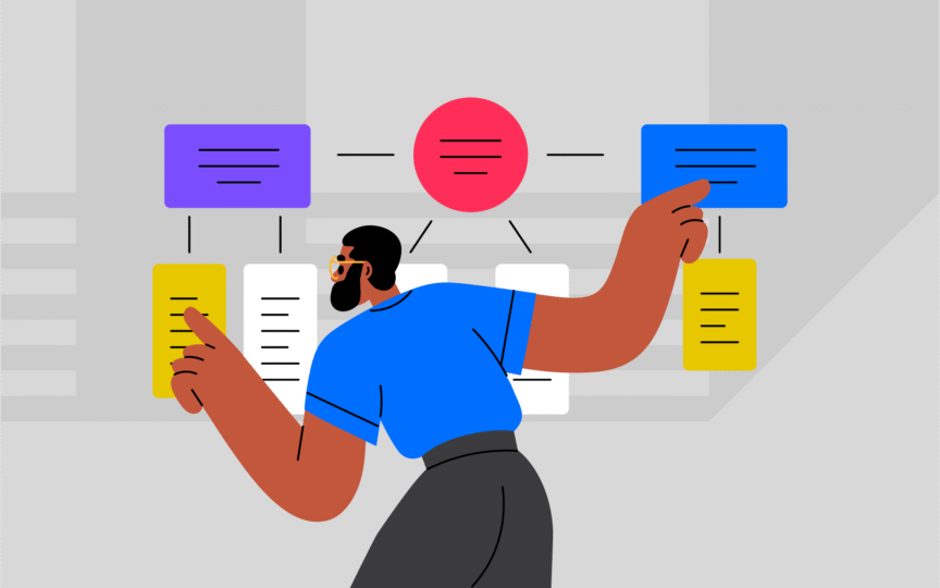 llustration of a person managing a brand portfolio by organising connected brand cards within a clear governance structure.