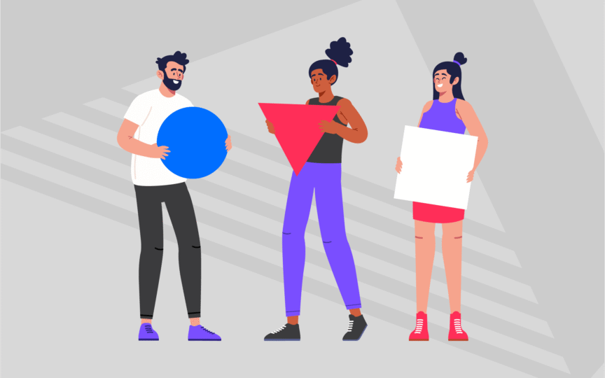 Illustration of three people holding different geometric shapes, representing organisations to serve distinct markets and strategies.