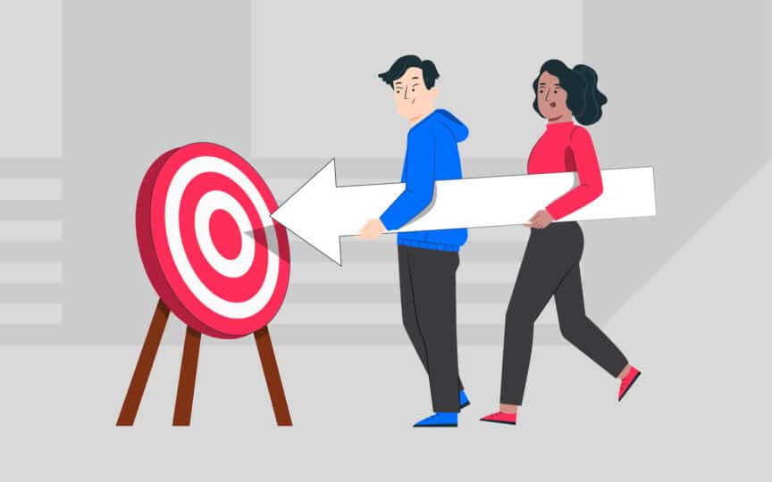 Two people carrying an arrow toward a target, symbolising consistent design system adoption.