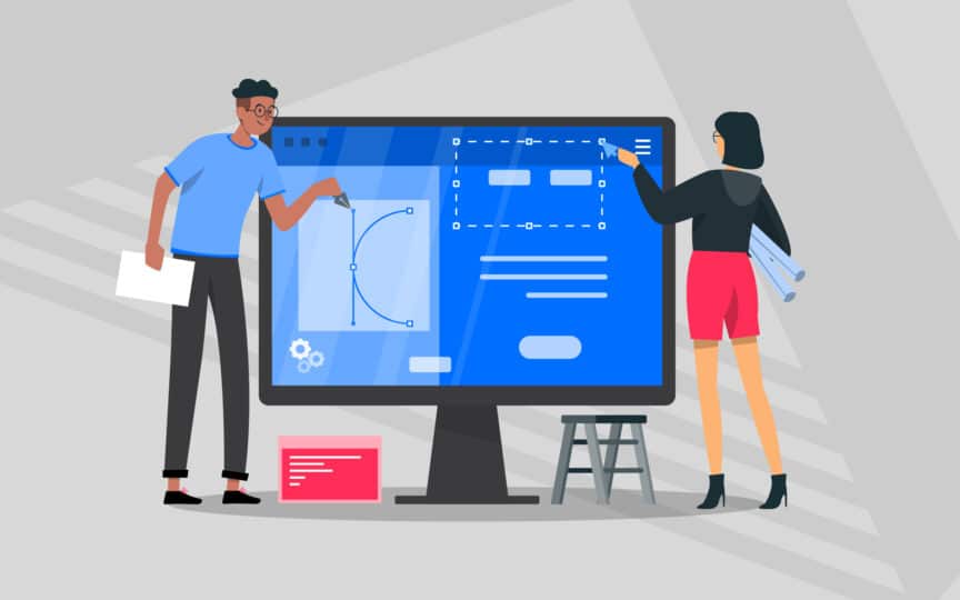 Two designers collaborating on a large screen interface to build and refine a design system.