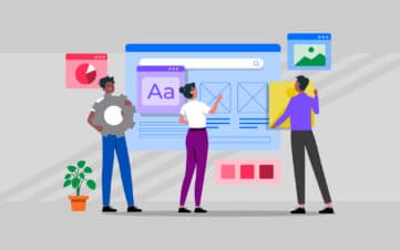 Team collaborating on a brand design system interface.