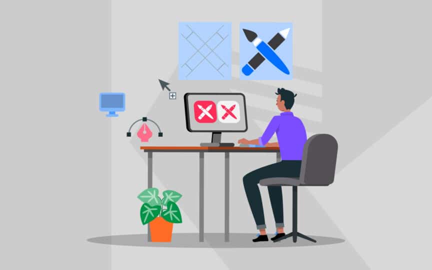 Designer at a desk creating and reviewing digital design elements on a computer.