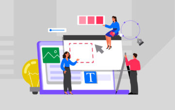 Illustration of a creative team working on branding elements like layout, color, typography, and imagery, highlighting that digital branding goes beyond just web design.