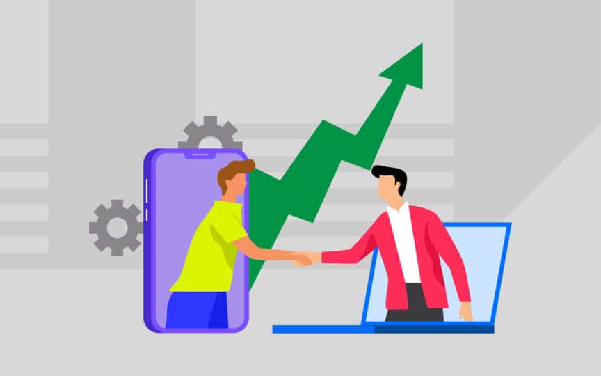 Two people reaching out from a phone and a laptop to shake hands, with a green upward arrow symbolizing growth and connection.