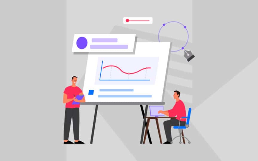 Illustration of two people working on a digital project—one presenting data on a large screen, the other typing on a laptop—highlighting collaboration in building and designing a digital brand experience.