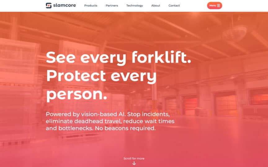 Warehouse interior with bold text overlay reading “See every forklift. Protect every person,” promoting Slamcore’s AI-powered safety and efficiency solutions.