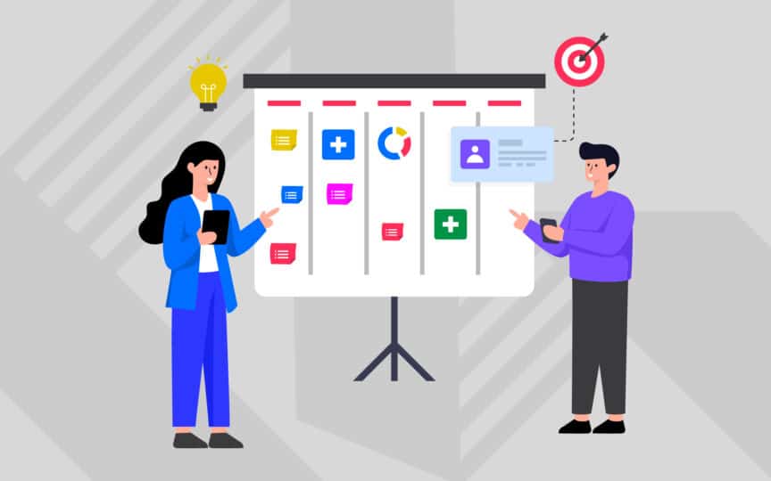 Illustration of two people planning on a whiteboard with strategy icons, symbolizing Fabrik’s brand-first approach that prioritizes clarity before design.