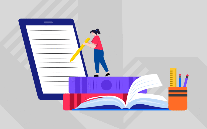 Person standing on couple of books, writing content.