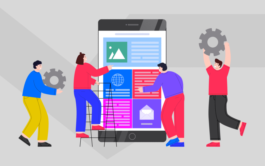 Team of four people working on digital framework.