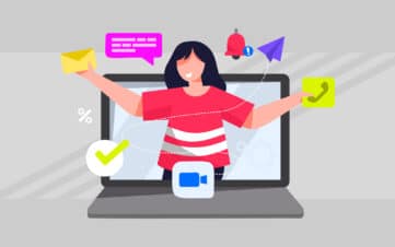 Person popping out of laptop screen holding digital marketing elements.