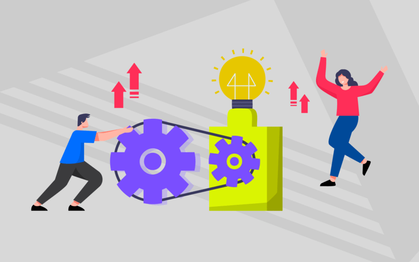 Person turning gears to make lightbulb glow.