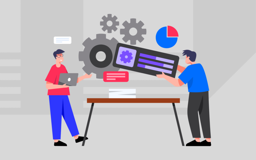 Two people working on analysing digital brand strategy process.