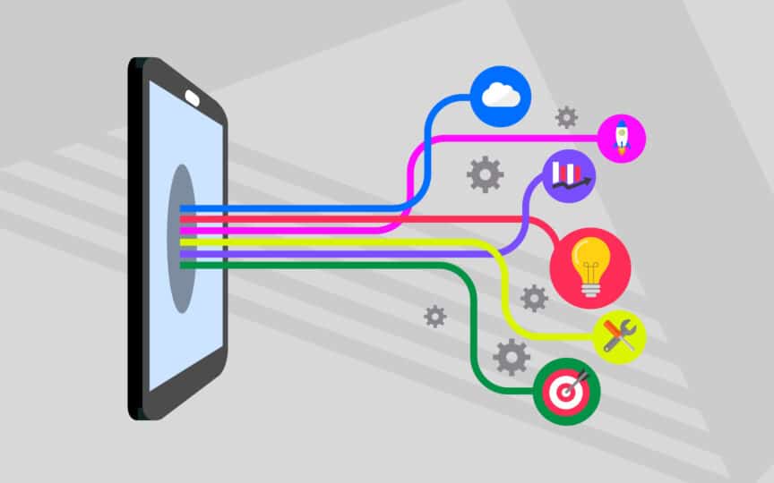 Illustration of a smartphone with colorful lines connecting to icons representing ideas, tools, growth, and strategy—symbolizing the multifaceted nature of digital branding.
