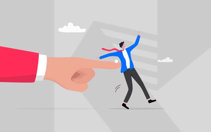 llustration of a large hand nudging a person forward