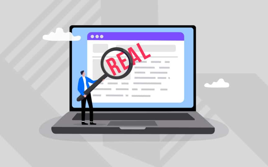 Illustration of a person examining content on a laptop with a magnifying glass, highlighting realistic and effective internal communication channels and formats.