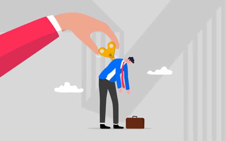 Illustration of a person controlled by a wind-up key, symbolising forced employee brand engagement.