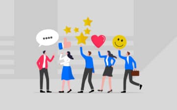llustration of employees interacting with icons for feedback, ratings, and emotions, symbolising authentic employee brand engagement through internal communications.