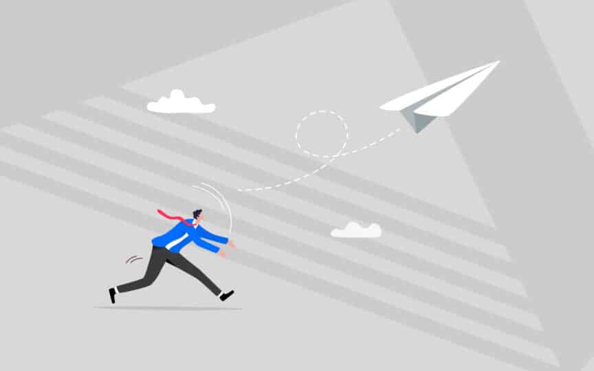 Illustration of a person running toward a paper plane in flight, symbolising momentum, progress and direction.
