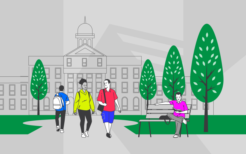 Students walking around college campus