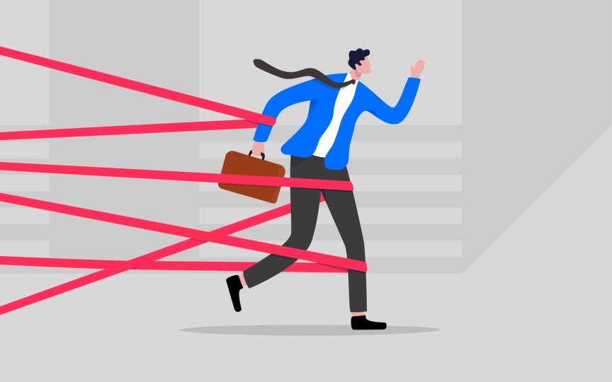 Environmental branding mistakes symbolised as ropes holding back person.