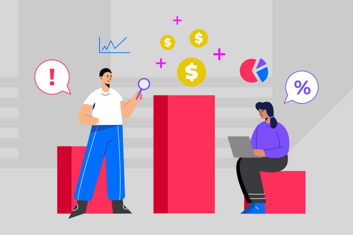 Illustration of two people analysing FinTech trending bar chart. One sitting one the lowest bar with a laptop, the other is standing and holding a spyglass.