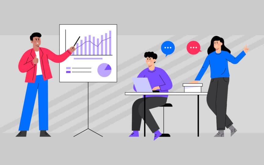 Illustration showing three people: one presenting an upwards trending graph while the other two are discussing.