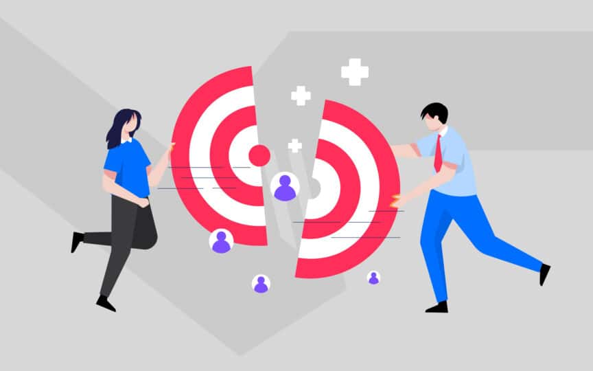 Illustration of two people pushing each half of a target together.