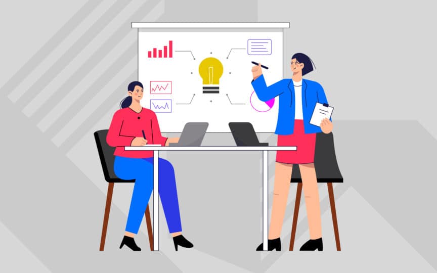 Illustration showing a person using laptop with financial/chart visuals. To the right, another person pointing at a glowing lightbulb above the phone. The overall scene suggests strategy, innovation, and applying fintech branding ideas.