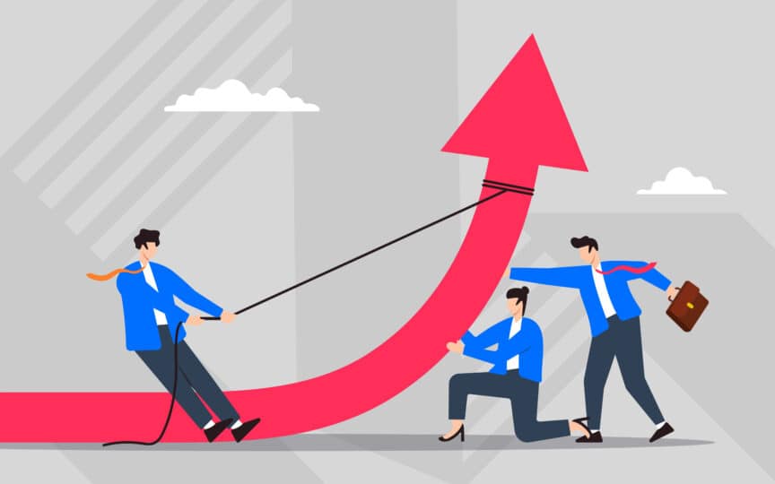 Illustration of three businesspeople working together to pull up a giant red arrow