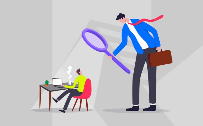 Illustration of a giant businessman with a magnifying glass examining someone at a desk.