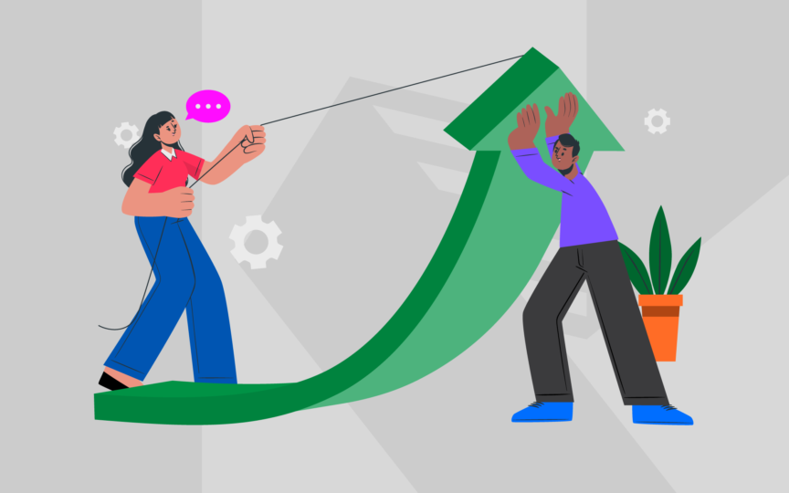 Illustration of one person pulling a rising arrow forward while another supports it