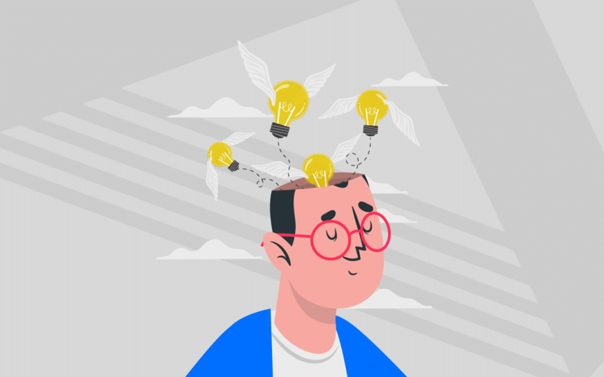 Illustration of a person with ideas taking flight from their head