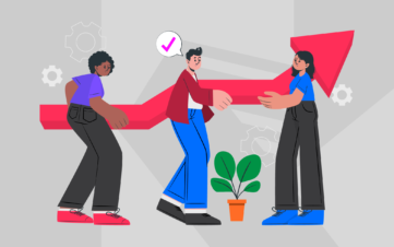 Team members aligning a rising arrow to represent long-term growth, alignment, and future-focused strategy.