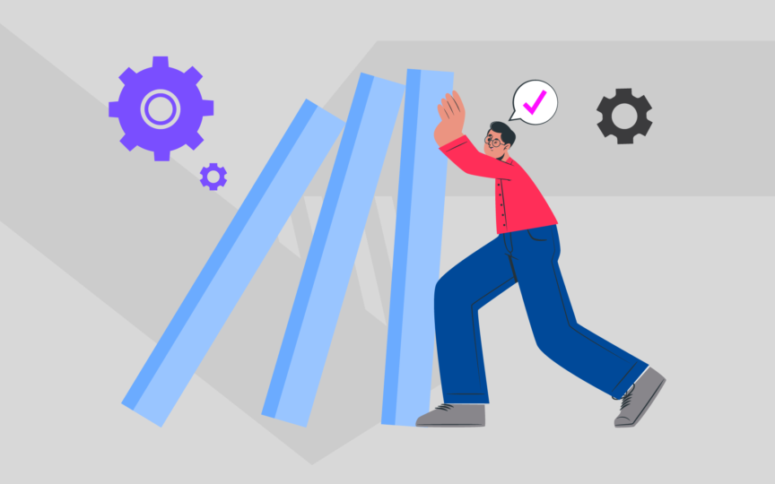 Illustration of a person stabilising falling pillars, symbolising protecting the core elements of a future-proof brand promise as everything else changes.